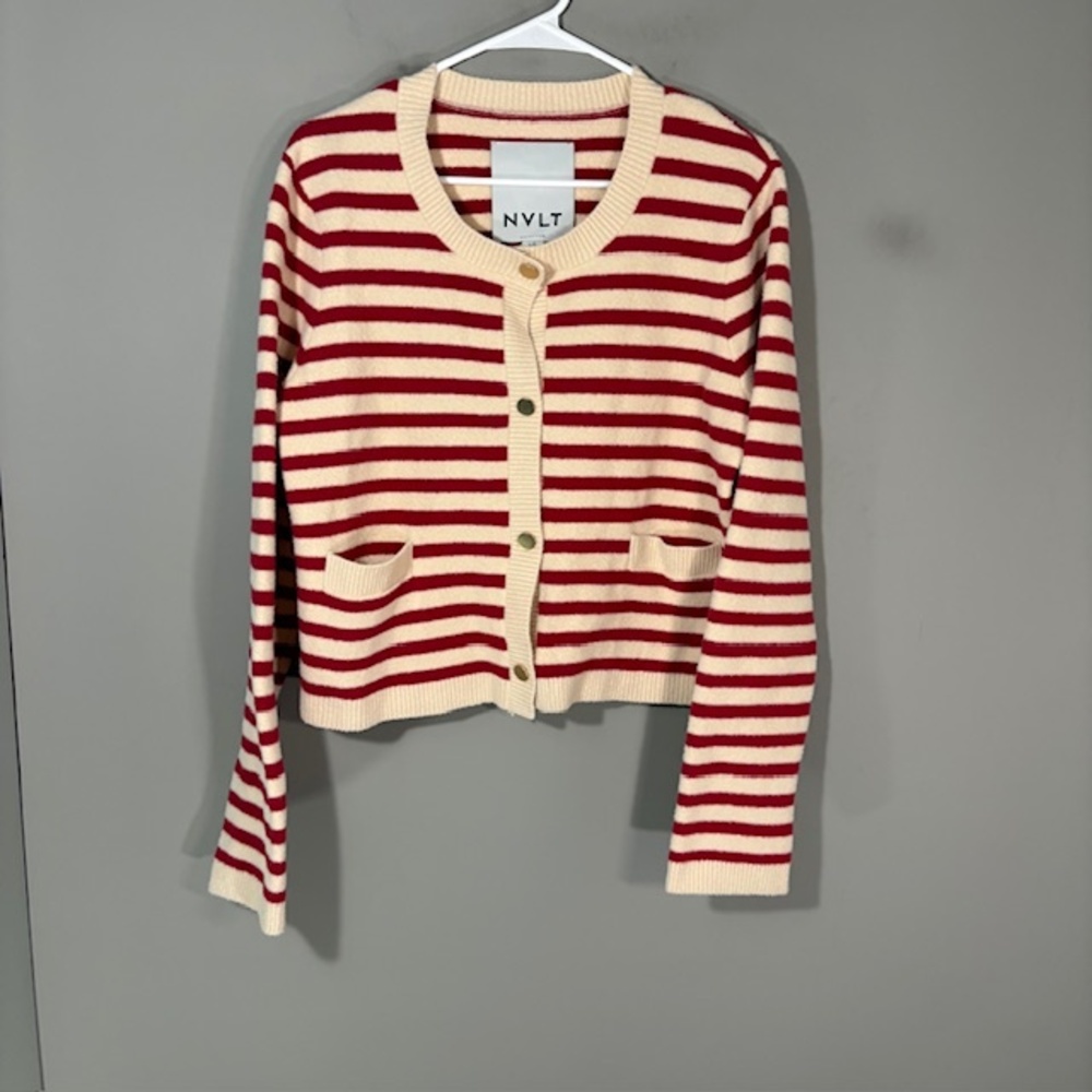 NVLT Cardigan Sweater Womens L Red Cream Striped Button Front Pockets Knit